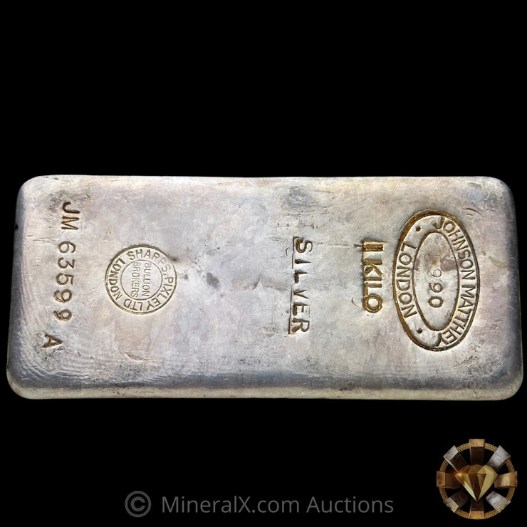 Kilo Johnson Matthey JM London Rare Sharps & Pixley Bullion Brokers Counterstamp Vintage Silver Bar