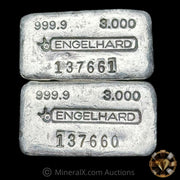 x2 3oz Engelhard Bull Logo Rare "999.9 Small Serial Font" Variety Sequential Vintage Silver Bars