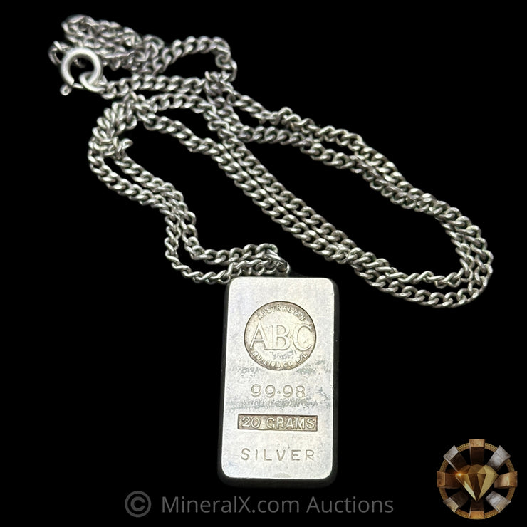 20g ABC Australian Bullion Company Vintage Silver Pendant Bar With Chain