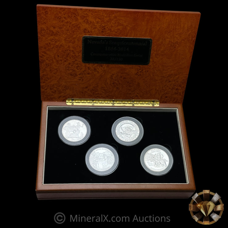 x4 1oz Nevada Battle Born Sesquicentennial Silver Coin Set With Original Wood Box