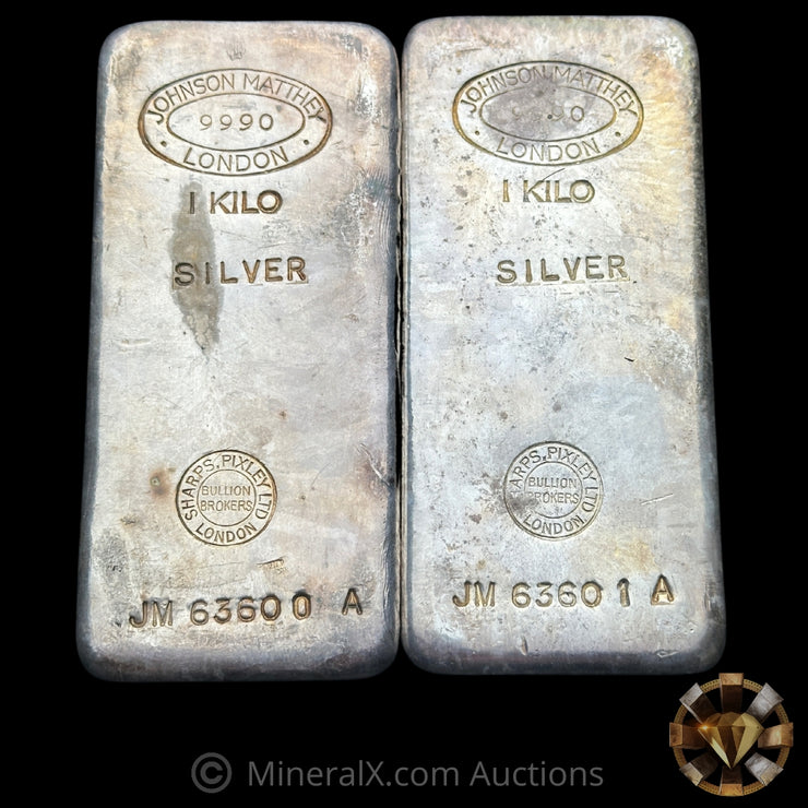 x2 Kilo Johnson Matthey London JM Sequential Vintage Silver Bars With Rare Sharps Pixley Bullion Brokers Counterstamps