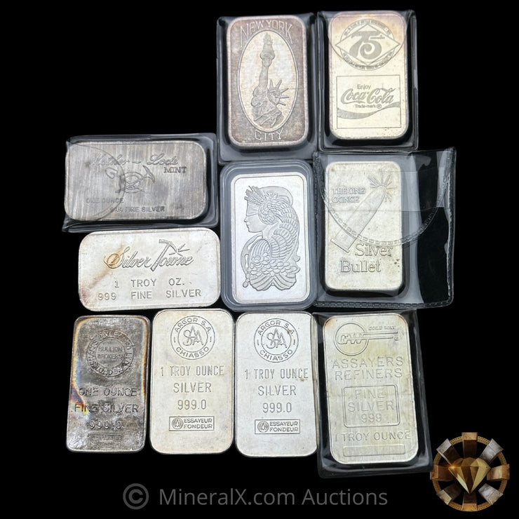 x10 1oz Misc Vintage Silver Bar Lot