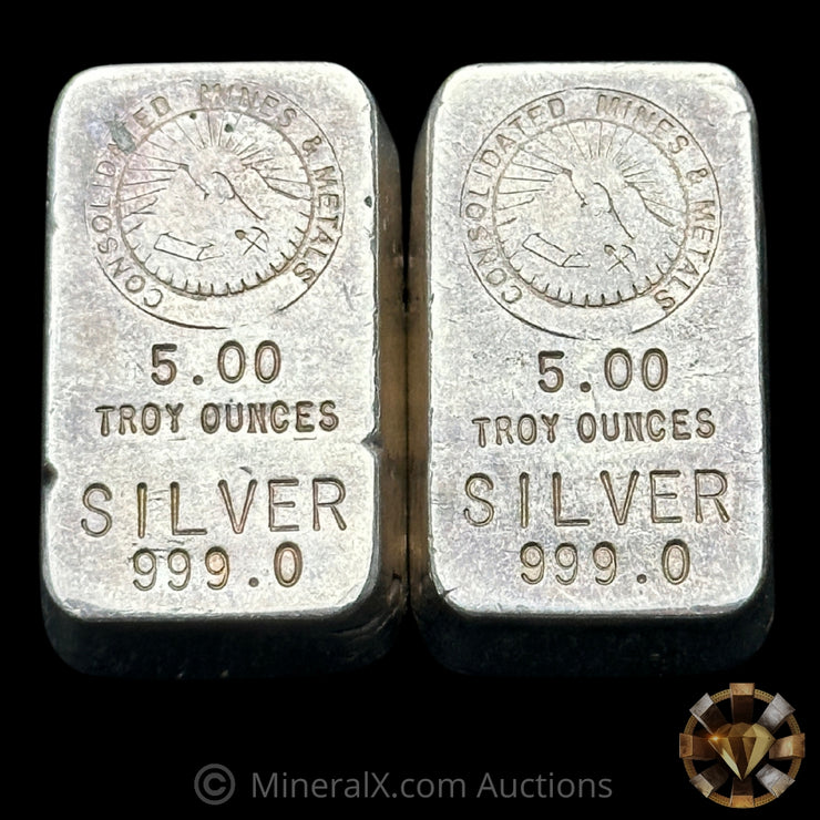 x2 5oz Consolidated Mines & Metals Small Serial Variety Vintage Silver Sequential Serial Bar Lot