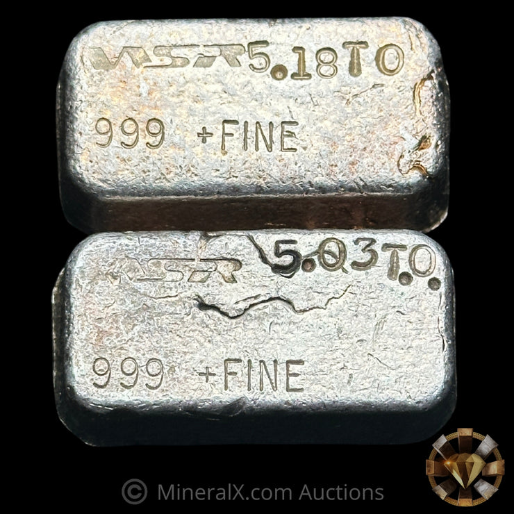 x2 5oz (5.18oz,5.03oz) WSR Western States Refining Vintage Silver Bar Lot