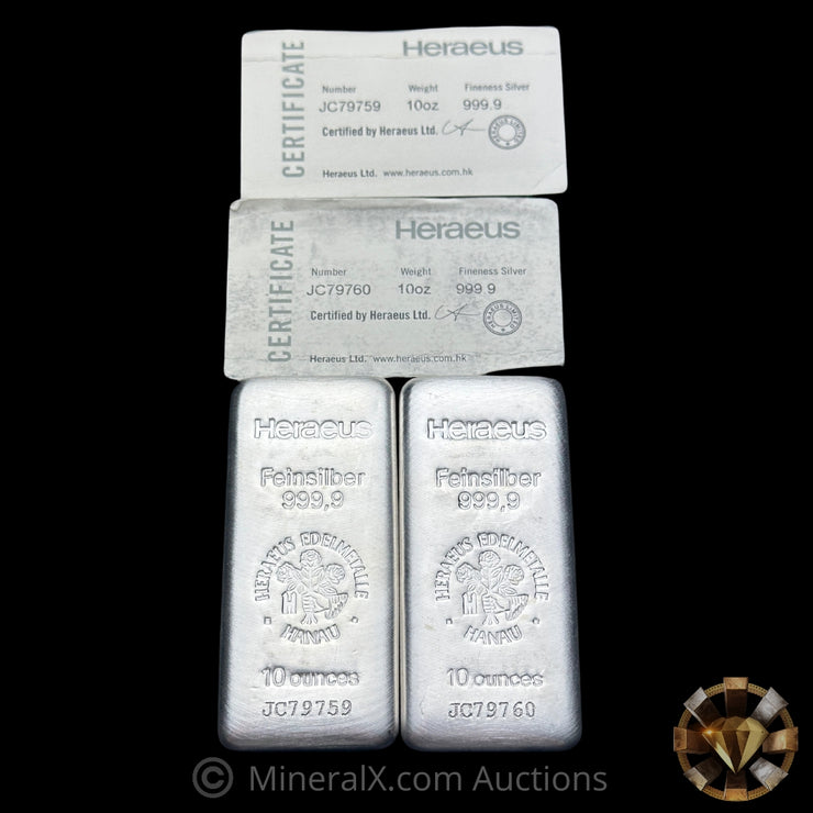 x2 10oz Heraeus Silver Bar Lot With Sequential Serials And COAs