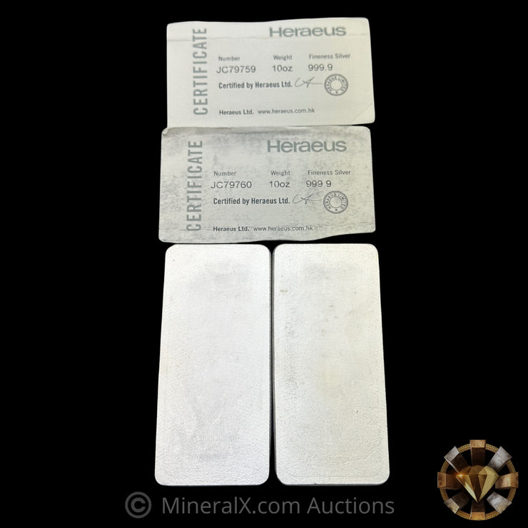 x2 10oz Heraeus Silver Bar Lot With Sequential Serials And COAs