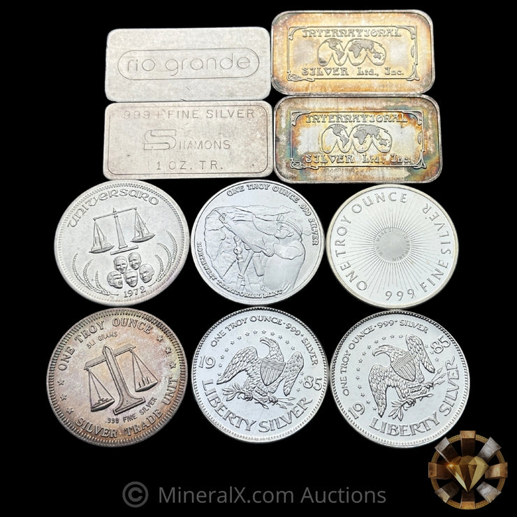 x10 1oz Misc Vintage Silver Bar & Coin Lot