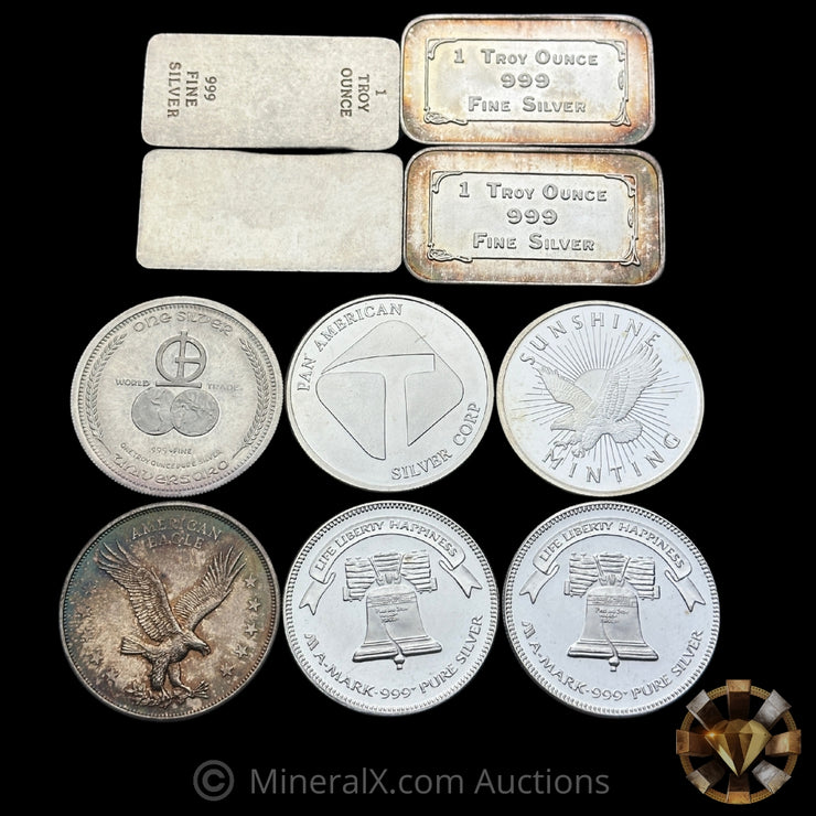 x10 1oz Misc Vintage Silver Bar & Coin Lot