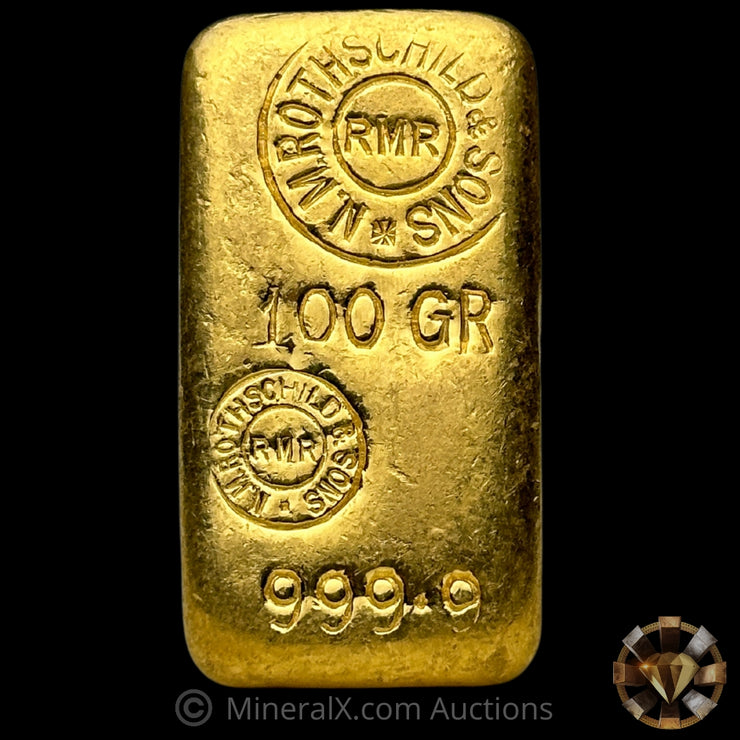 100g NM Rothschild & Sons Vintage Gold Bar with Strong Waffle Back