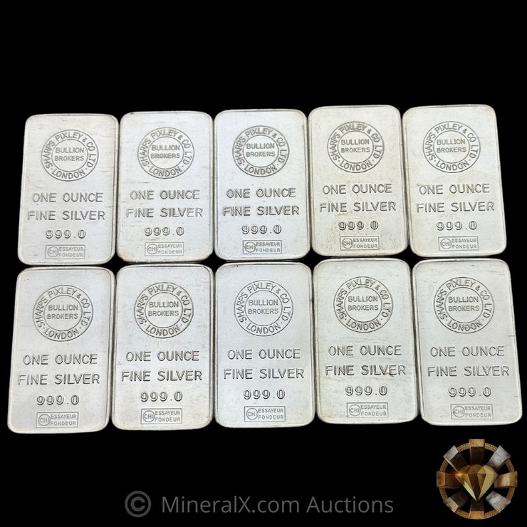 x10 1oz Sharps Pixley & Co London Bullion Brokers No Serial Variety Vintage Silver Bar Lot
