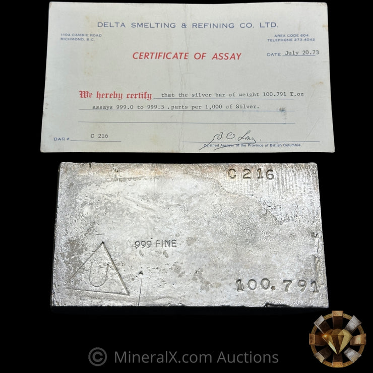 100.791oz Delta Smelting & Refining Co LTD Rare Early Variety Mold With Original Handsigned Numbers Matching 1973 Dated COA