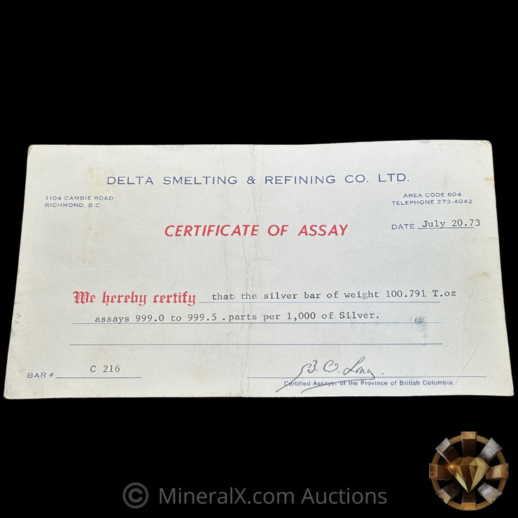 100.791oz Delta Smelting & Refining Co LTD Rare Early Variety Mold With Original Handsigned Numbers Matching 1973 Dated COA
