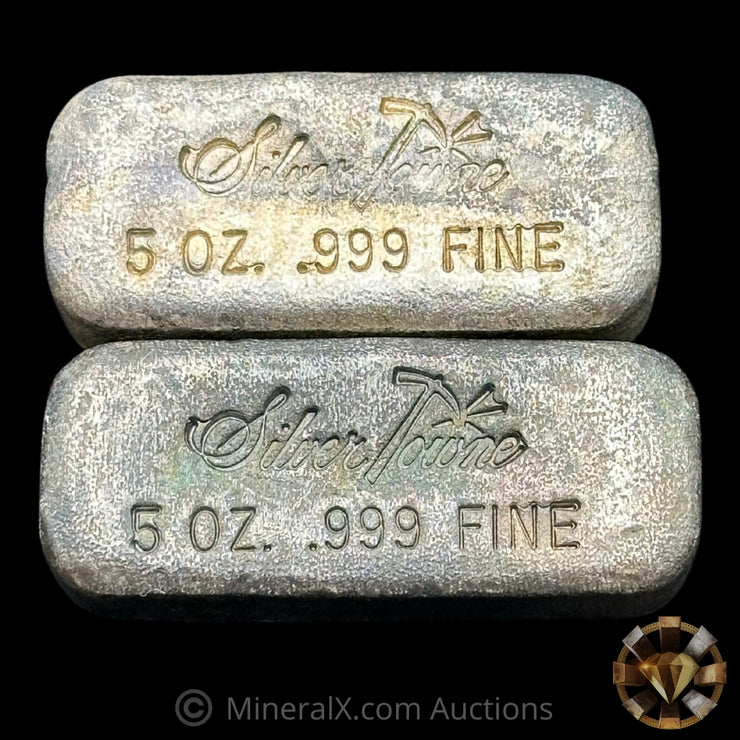 x2 5oz Silvertowne Vintage Silver Bars With Unique Different Molds & Low Serials