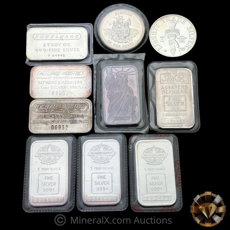 x10 1oz Misc Engelhard & JM Vintage Silver Bar & Coin Lot