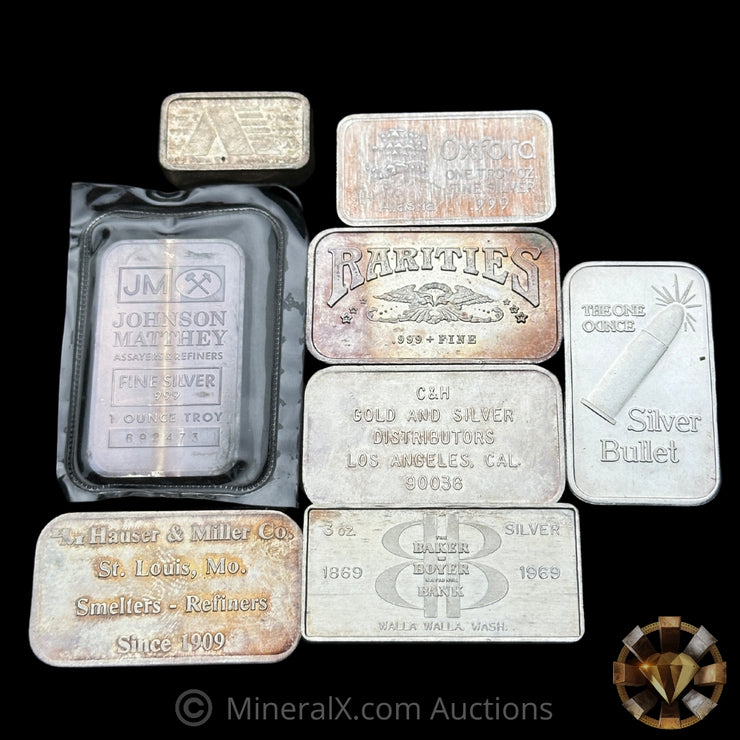 10oz (x7 1oz, x1 3oz) Misc Vintage Silver Bar Lot