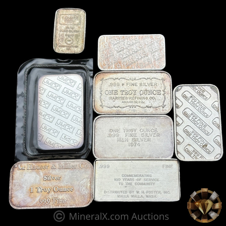 10oz (x7 1oz, x1 3oz) Misc Vintage Silver Bar Lot