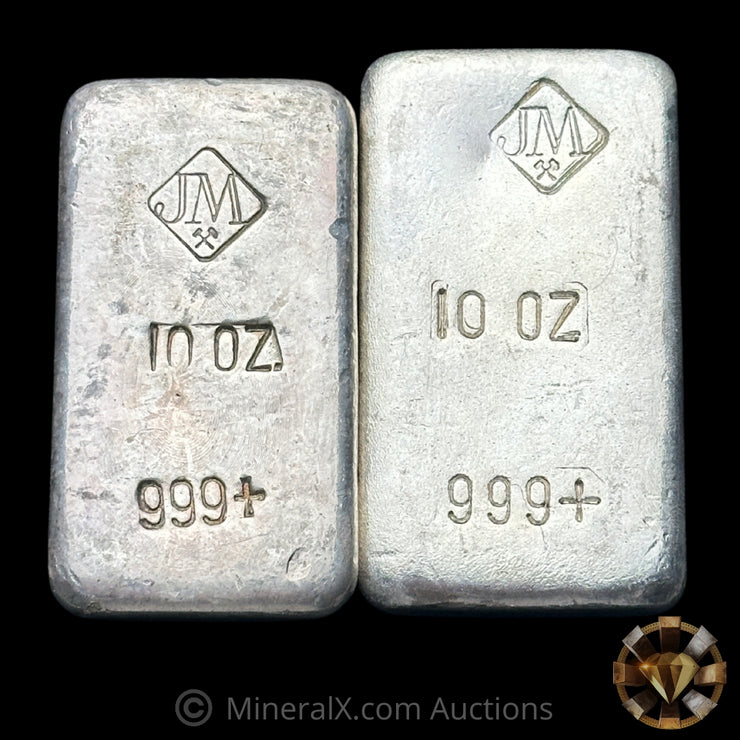 x2 10oz JM Johnson Matthey Small Logo Vintage Silver Bars With Different Molds
