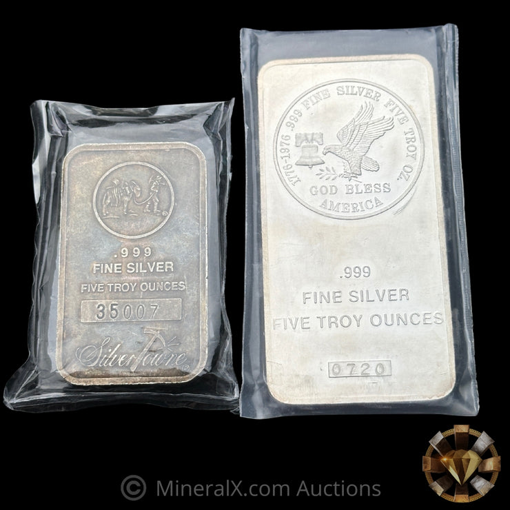 x2 5oz Vintage Silver Bar Lot