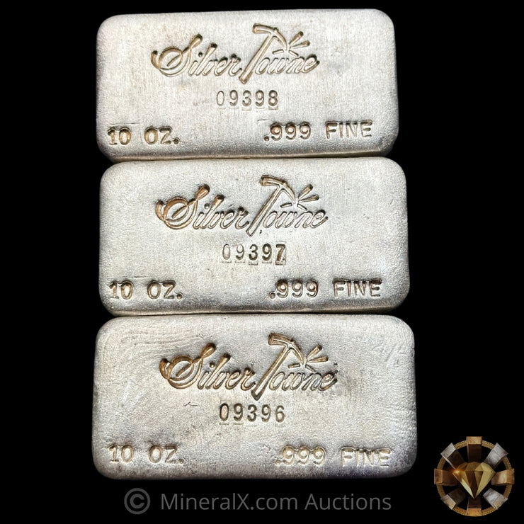 x3 10oz Silvertowne Vintage Silver Bar Lot With Sequential Serials