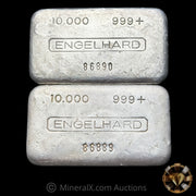 x2 10oz Engelhard 5 Digit 3rd Series Wide Purity/Weight Space Variety Vintage Silver Bar Lot With Sequential Serials