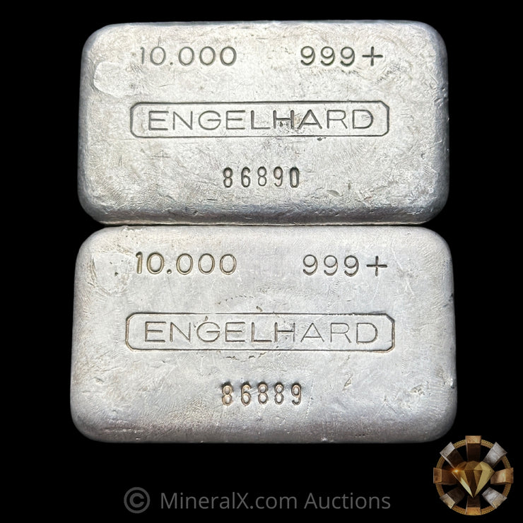 x2 10oz Engelhard 5 Digit 3rd Series Wide Purity/Weight Space Variety Vintage Silver Bar Lot With Sequential Serials