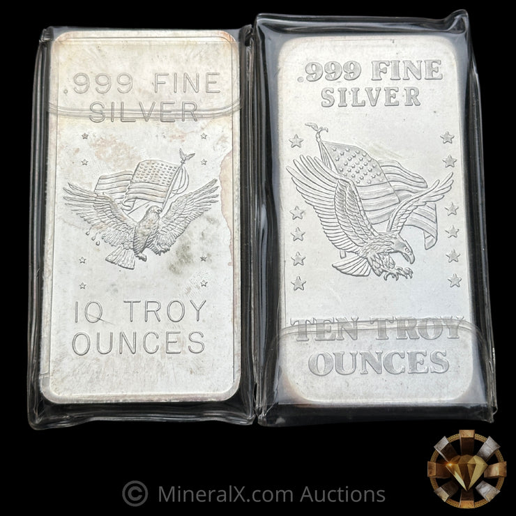 x2 10oz 1981 US Assay Office Strategic Stockpile Vintage Silver Bar Lot With Different Variety Eagles