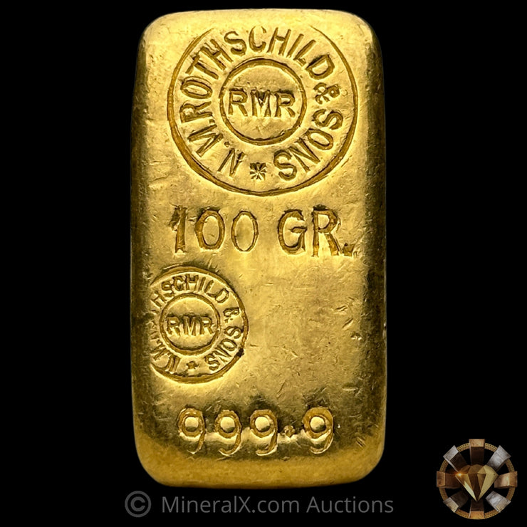 100g NM Rothschild & Sons Vintage Gold Bar With Rare Mocatta & Goldsmid London Bullion Brokers Reverse Counterstamp & Center Struck Hallmark