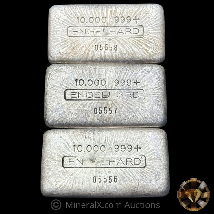 x3 10oz Engelhard 0-Leading 3rd Series Vintage Silver Bar Lot With Sequential Serials