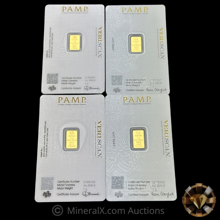 x4 1g PAMP Fortuna Gold Bar Lot In Assay Cards