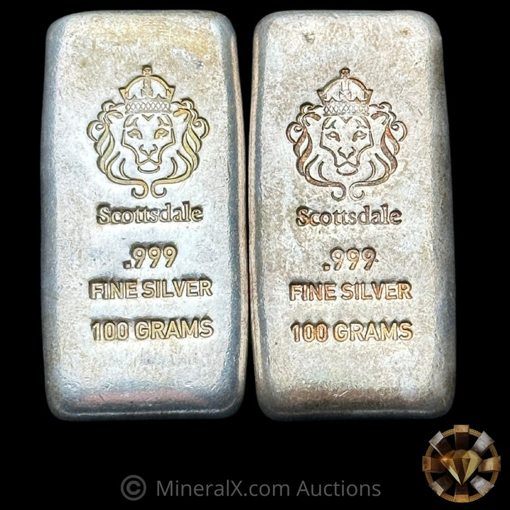 x2 100g Scottsdale Silver Bar Lot