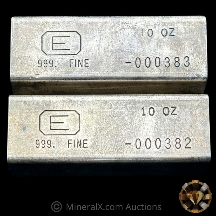 x2 10oz Engelhard E Logo Industrial Extruded Vintage Silver Bar Lot With Low Sequential Serials