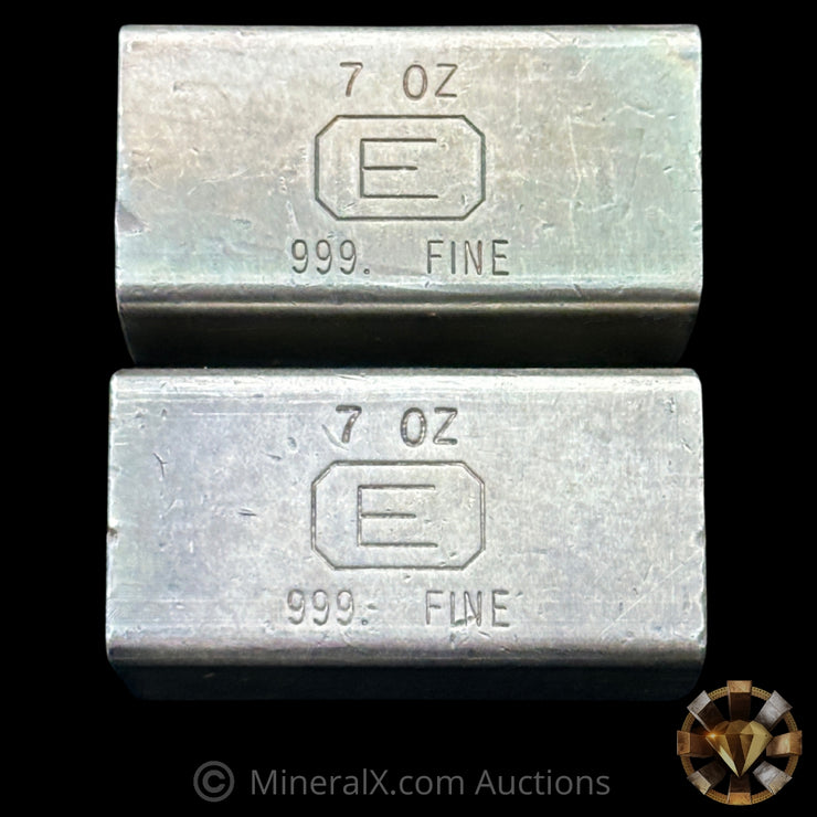 x2 7oz Engelhard E Logo Industrial Extruded Vintage Silver Bar Lot With Sequential Low Serials