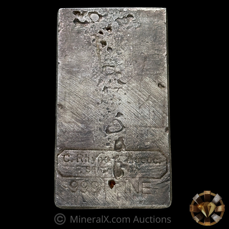 25oz C Rhyne & Associates Vintage Silver Bar With Unique Mold & Hallmarks