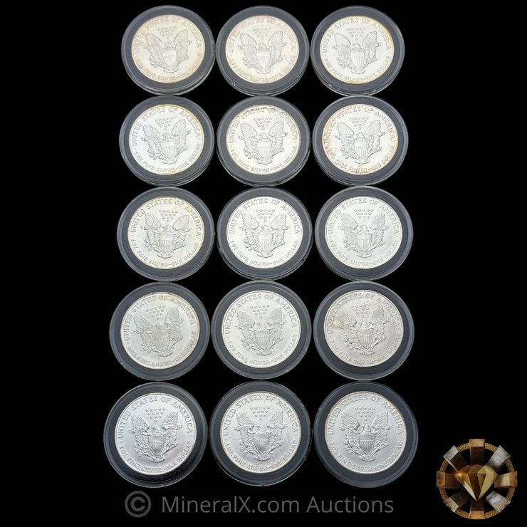 x15 1oz ASE American Silver Eagles (1986 Through 2000 Consecutive Dated Run) Silver Coin Lot