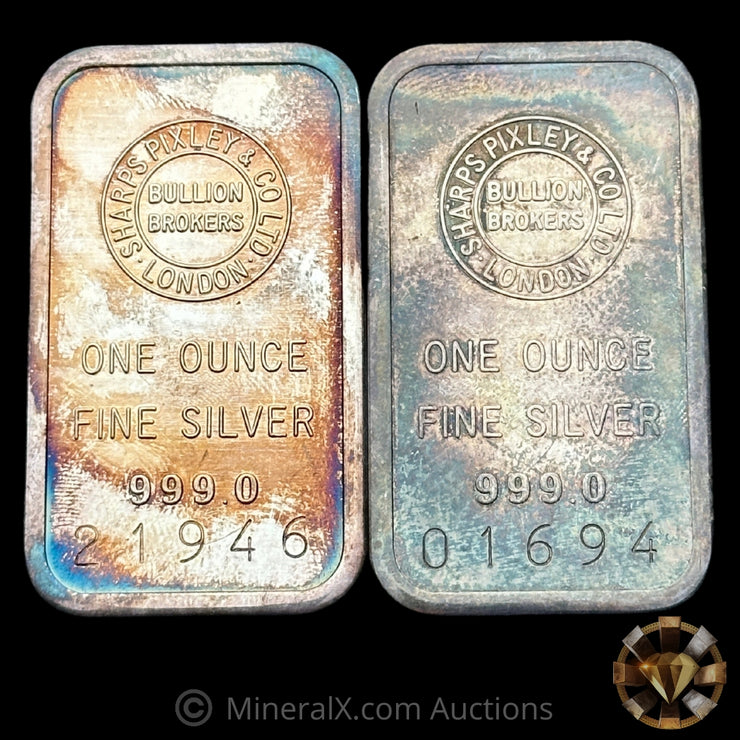 x2 1oz Sharps Pixley & Co London Bullion Brokers With Serial Variety Vintage Silver Bar Lot
