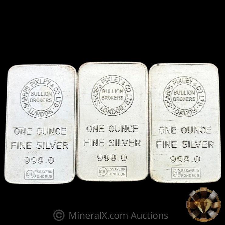x3 1oz Sharps Pixley & Co London Bullion Brokers No Serial Variety Vintage Silver Bar Lot