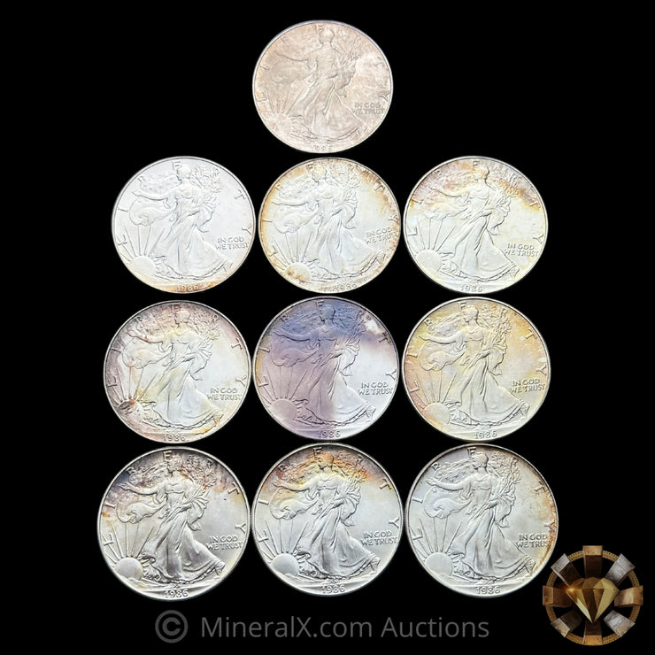 x10 1oz 1986 ASE American Silver Eagle Lot BU