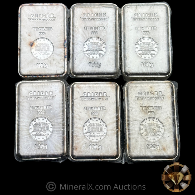 x6 100g Geiger Edelmetalle Feinsilber Silver Bar Lot In Seals (Discontinued Variety)