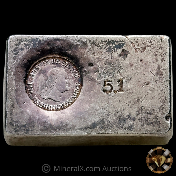 5.1oz The Washington Mint Odd Weight Vintage Silver Bar With Deep Struck Hallamark