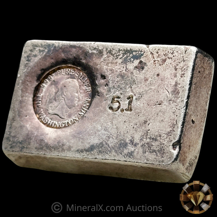 5.1oz The Washington Mint Odd Weight Vintage Silver Bar With Deep Struck Hallamark