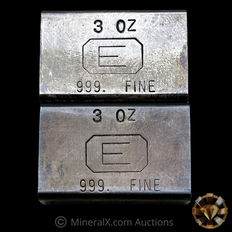 x2 3oz Engelhard E Logo Industrial Extruded Vintage Silver Bar Lot With Low Sequential Serials