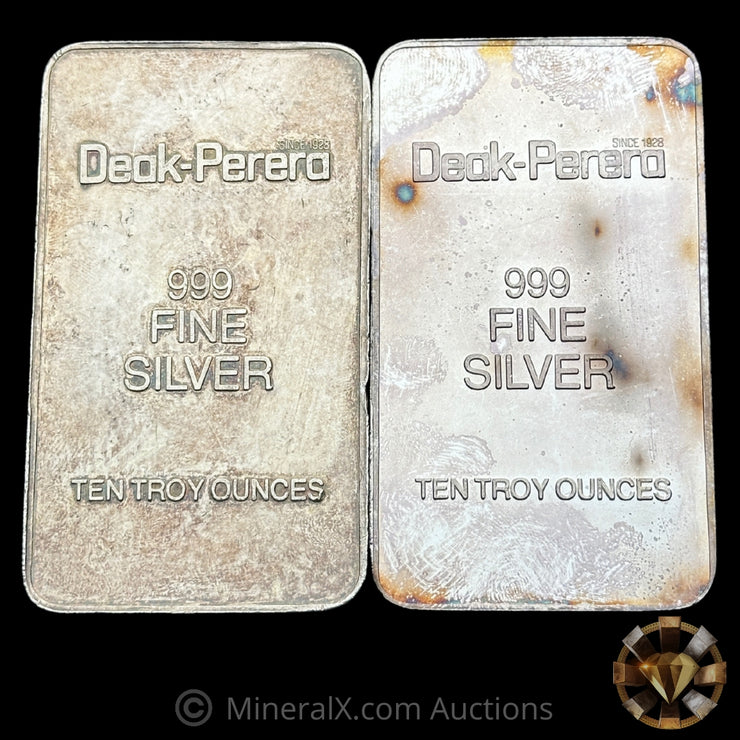 x2 10oz Deak Perera Small Serial Font Variety Vintage Silver Bar Lot