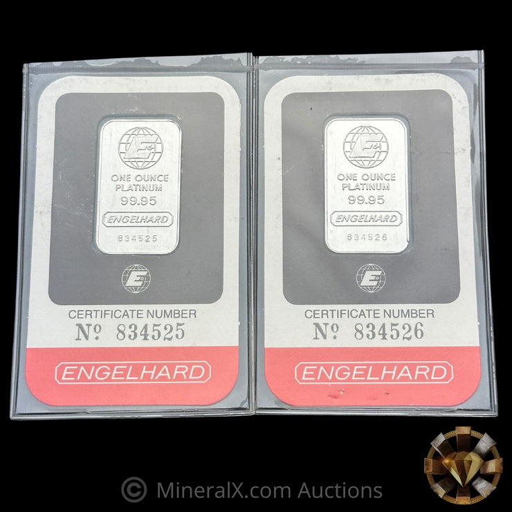 x2 1oz Engelhard E Logo Platinum Bars In Original Seals With Sequential Serial Numbers