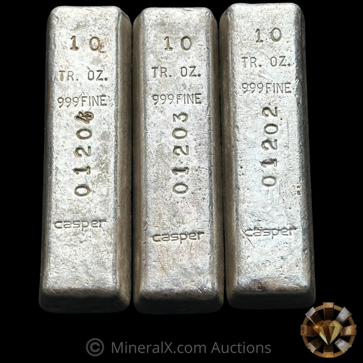 x3 10oz Casper Vintage Silver Bar Lot With Sequential Serial Numbers