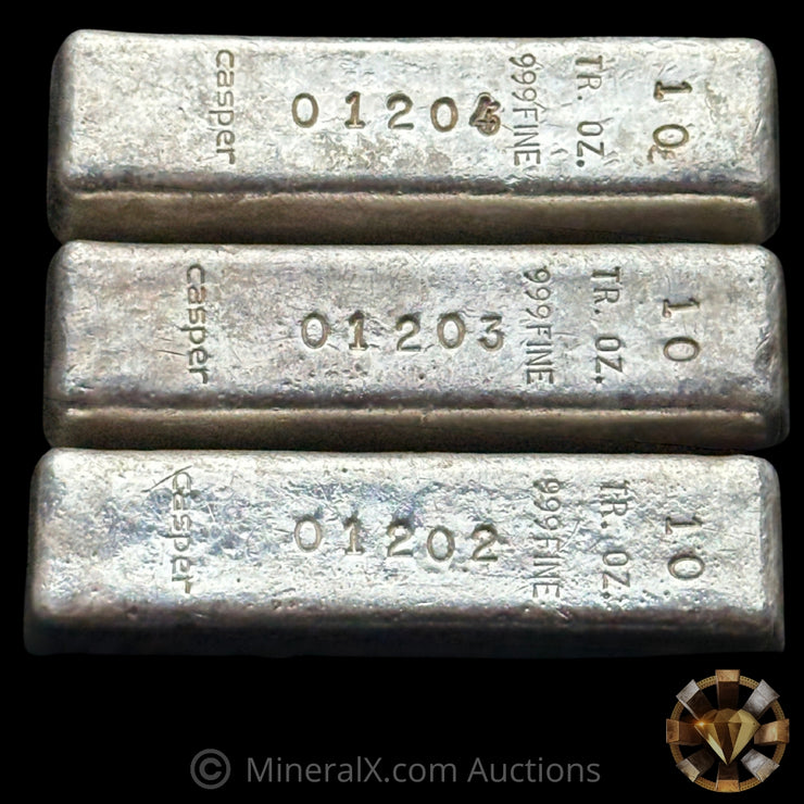 x3 10oz Casper Vintage Silver Bar Lot With Sequential Serial Numbers