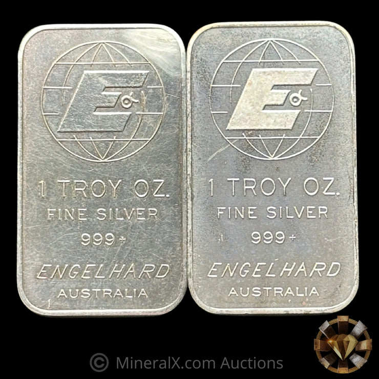 x2 1oz Engelhard Australia Vintage Silver Bar Lot (Frosted & Unfrosted E Varieties)