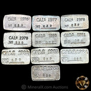 x10 1976 To 1985 Nevada City Mint Vintage Silver Bar Lot With Unique Matching Serial 239 Despite Different Dates(82g Total)