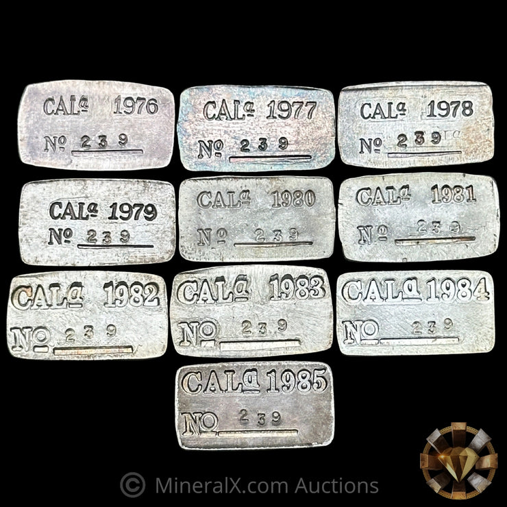 x10 1976 To 1985 Nevada City Mint Vintage Silver Bar Lot With Unique Matching Serial 239 Despite Different Dates(82g Total)