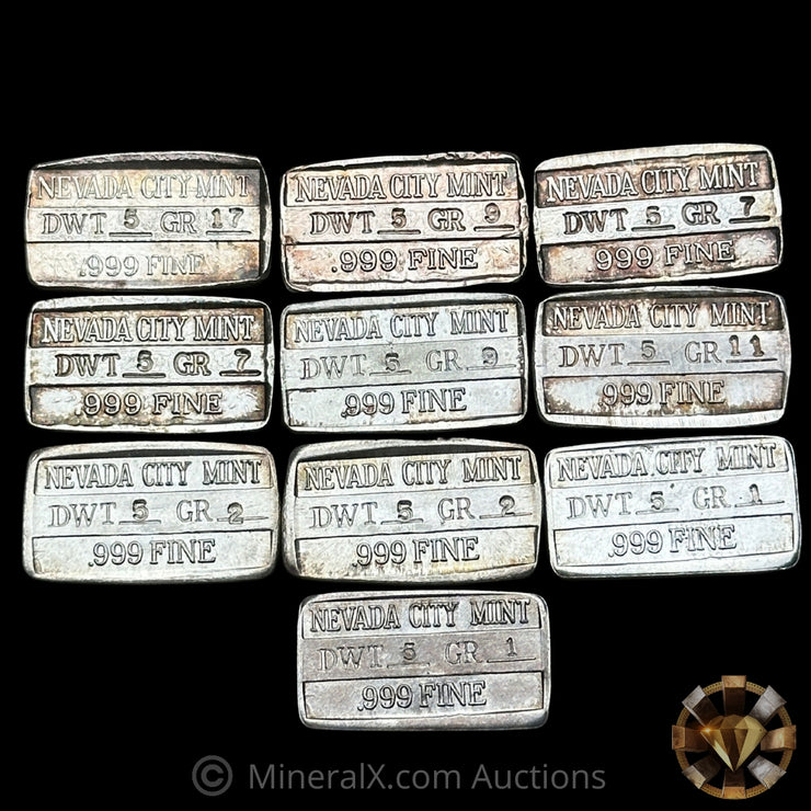x10 1976 To 1985 Nevada City Mint Vintage Silver Bar Lot With Unique Matching Serial 239 Despite Different Dates(82g Total)