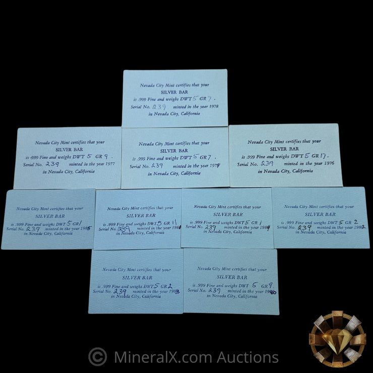 x10 1976 To 1985 Nevada City Mint Vintage Silver Bar Lot With Unique Matching Serial 239 Despite Different Dates(82g Total)